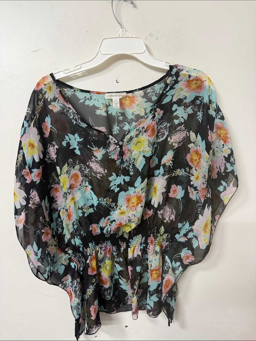 Ambiance Black Sheer Floral Peasant Top